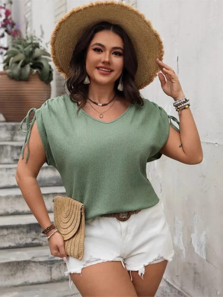 Tops de Verano Talles Grandes para Mujer con Cuello V, Mangas Cortas Plisadas, Blusas de Moda Casual Sueltas