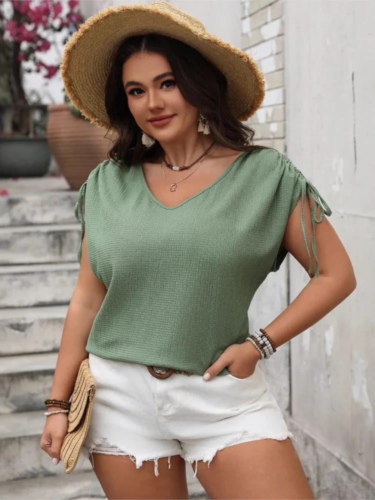 Tops de Verano Talles Grandes para Mujer con Cuello V, Mangas Cortas Plisadas, Blusas de Moda Casual Sueltas