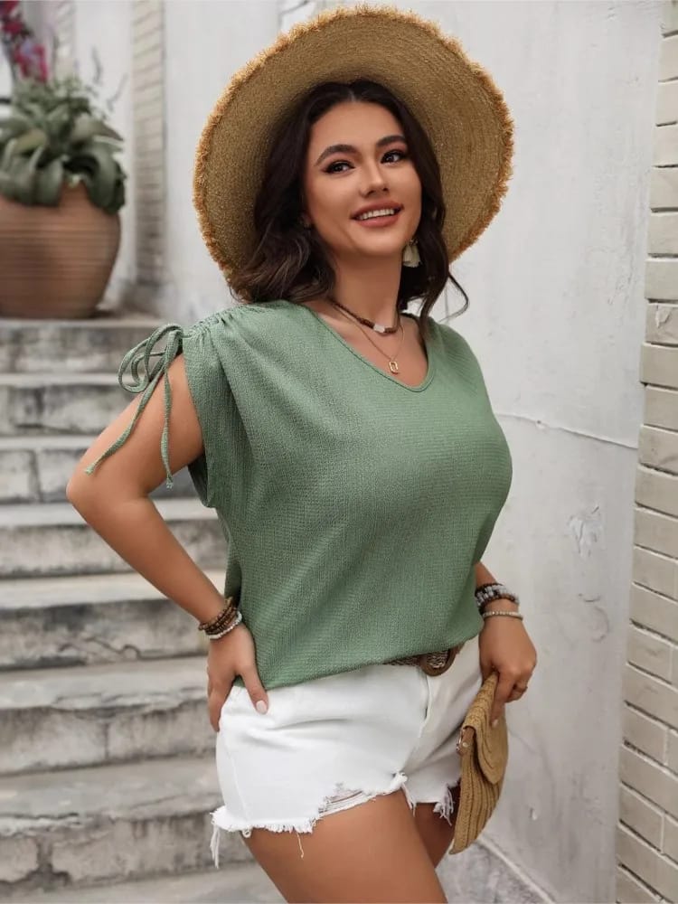 Tops de Verano Talles Grandes para Mujer con Cuello V, Mangas Cortas Plisadas, Blusas de Moda Casual Sueltas