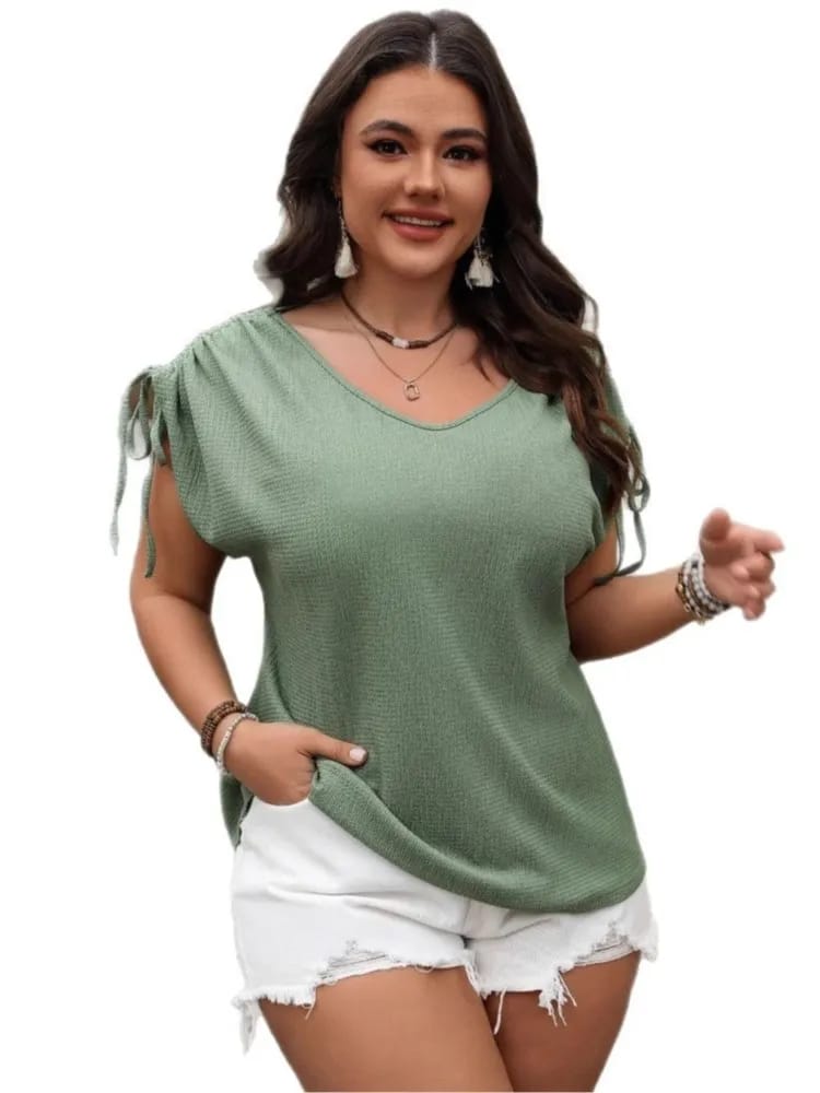 Tops de Verano Talles Grandes para Mujer con Cuello V, Mangas Cortas Plisadas, Blusas de Moda Casual Sueltas