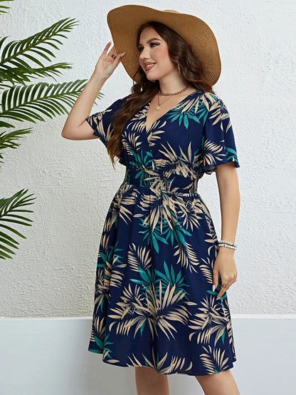 Vestido de mujer talle grande estampado floral con escote en V cruzado