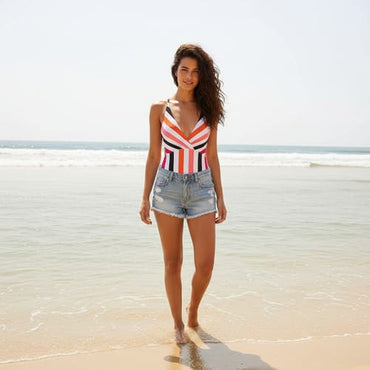 bikini dama entera rayas bordo naranja 