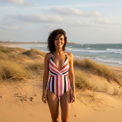 bikini dama entera rayas bordo naranja 