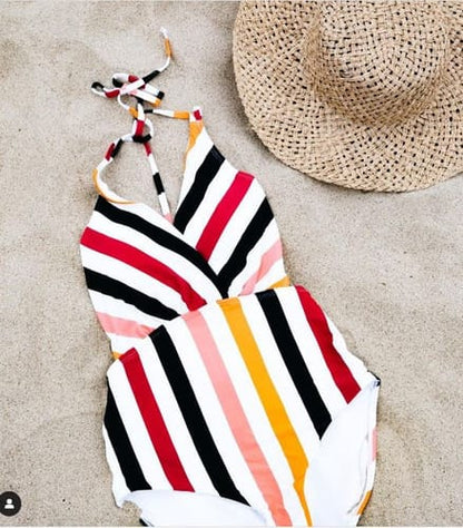 bikini dama entera rayas bordo naranja 