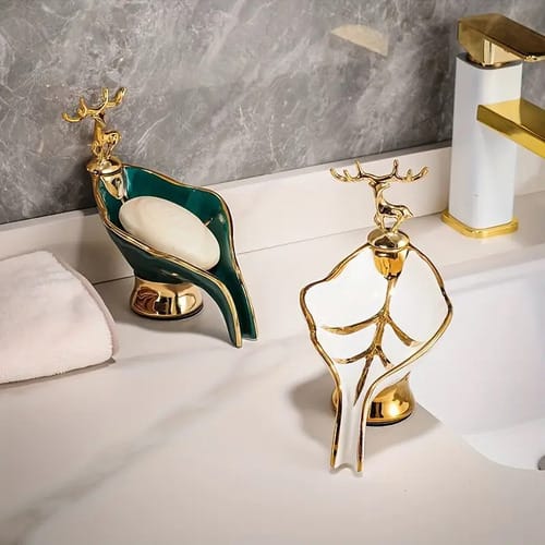 Jabonera porcelana ciervo linea dorada blanco/verde