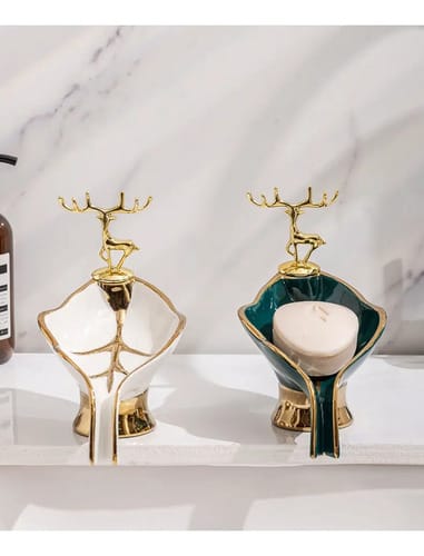 Jabonera porcelana ciervo linea dorada blanco/verde