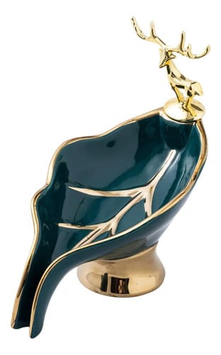 Jabonera porcelana ciervo linea dorada blanco/verde