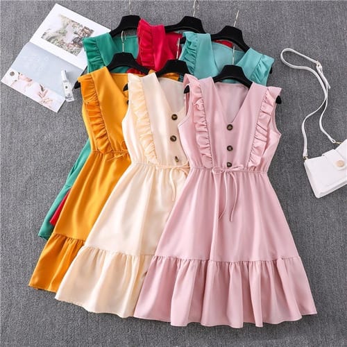 Vestido dama liso corto con volado