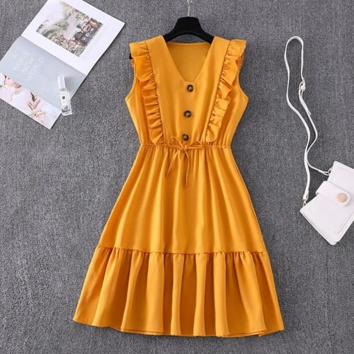 Vestido dama liso corto con volado
