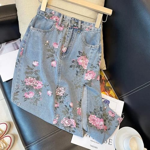 Pollera dama larga con tajos jean