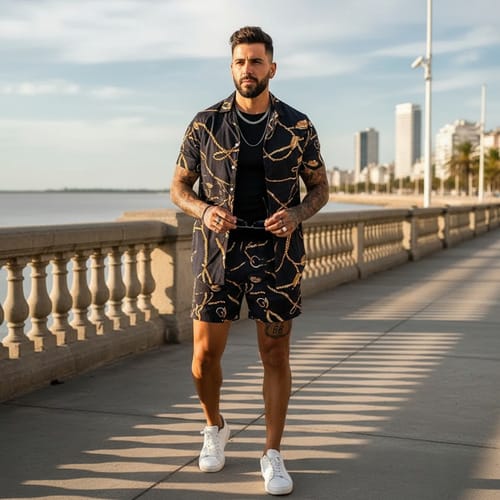 Conjunto hombre camisa y short detalle dorado