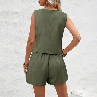 Conjunto dama lino chaleco corto y short