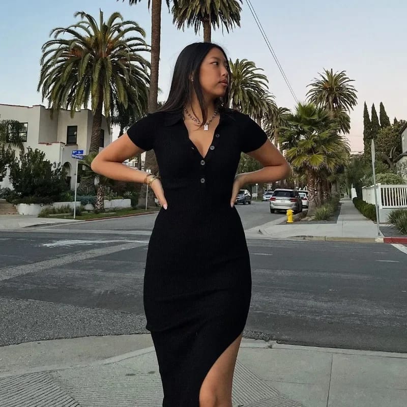 Vestido dama largo tejido con cuello polo