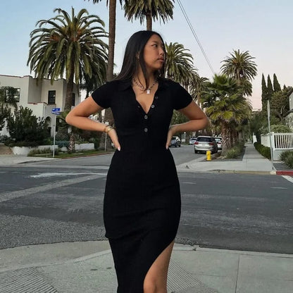 Vestido dama largo tejido con cuello polo