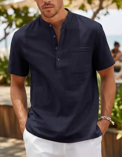 Remera hombre MC con cuello mao y botones pasteles