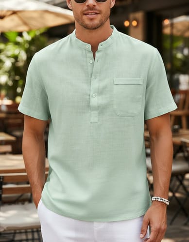 Remera hombre MC con cuello mao y botones pasteles