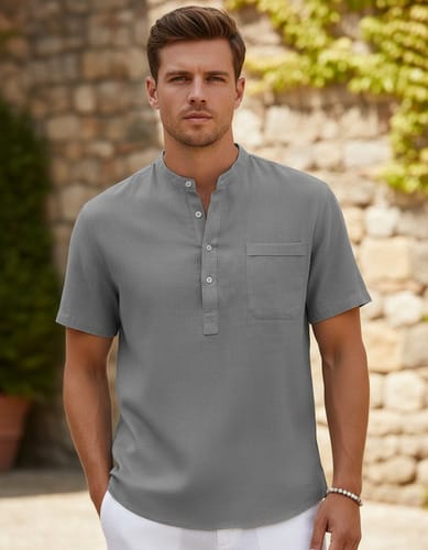 Remera hombre MC con cuello mao y botones pasteles