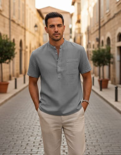 Remera hombre MC con cuello mao y botones pasteles