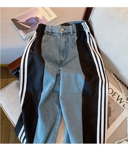 Pantalon dama jean y deportivo trap rayas negras