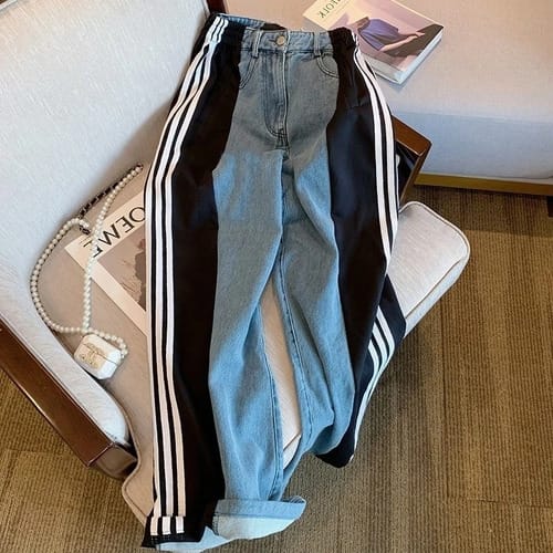 Pantalon dama jean y deportivo trap rayas negras