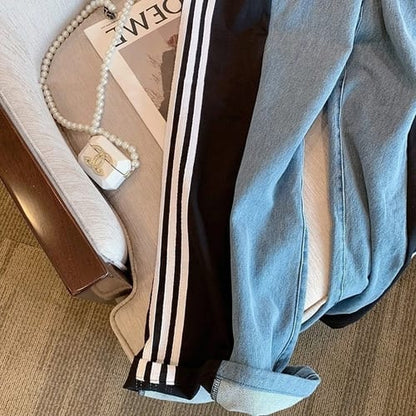 Pantalon dama jean y deportivo trap rayas negras