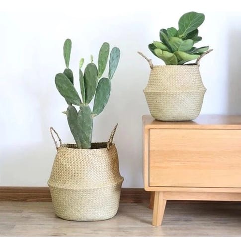Maceta yute / ratan con asas diseño vasija 