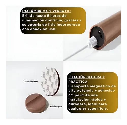 Lampara led en tubo magnetica de madera recargable con sensor de momiviento