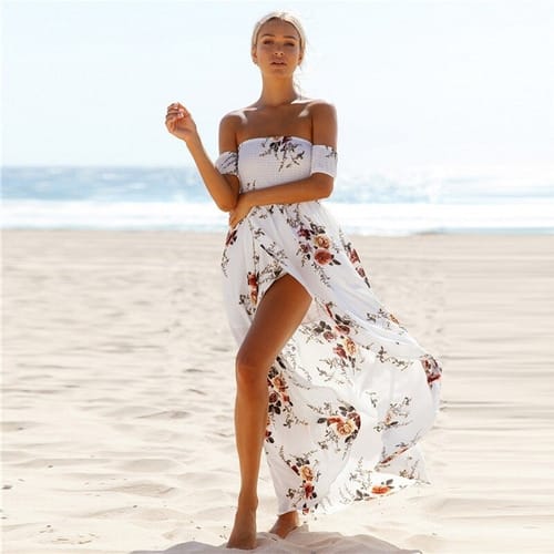 Maxivestido dama straples y tajo 