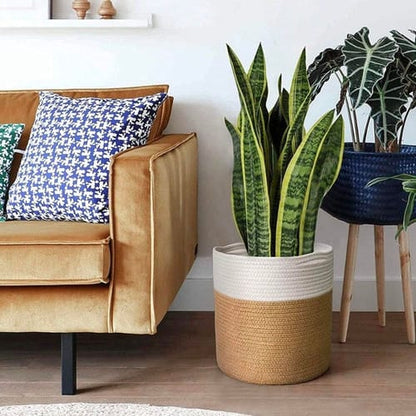 Maceta yute / ratan con asas diseño cilindrico simple bitono