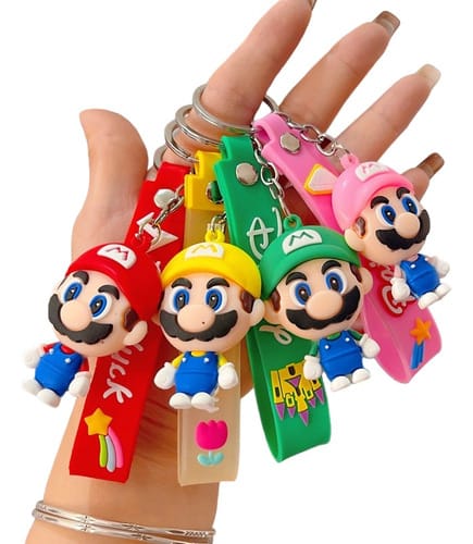 Llavero MINISO 3D de Goma Super Mario con Hongo y Caja, ideal para auto, mochila, niños y niñas. Regalo de cumpleaños.