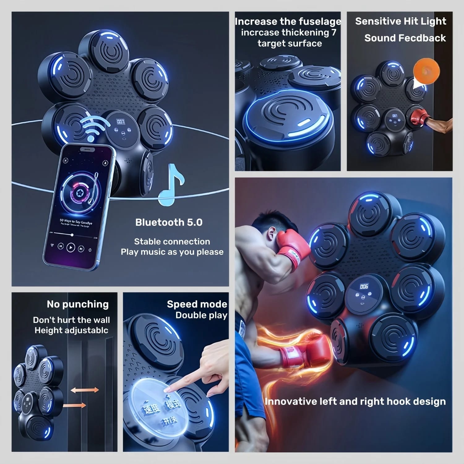 Máquina de Boxeo Musical Inteligente Bluetooth 9 Velocidades para Pared. Equipo Electrónico de Entrenamiento de Boxeo para el Hogar.