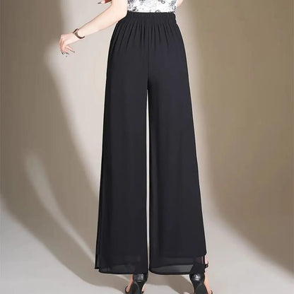 Pantalon dama  palazo, tiro alto, pierna ancha, corte holgado y drapeado con abertura lateral