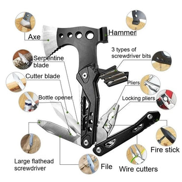 Pinza Multifuncional para Camping y Supervivencia, Herramienta de Mano Plegable con Hacha, Martillo, Cuchillo de Acero Inoxidable. Ideal para Actividades al Aire Libre y Caza. Regalo para Hombre.