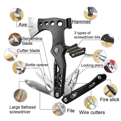 Pinza Multifuncional para Camping y Supervivencia, Herramienta de Mano Plegable con Hacha, Martillo, Cuchillo de Acero Inoxidable. Ideal para Actividades al Aire Libre y Caza. Regalo para Hombre.