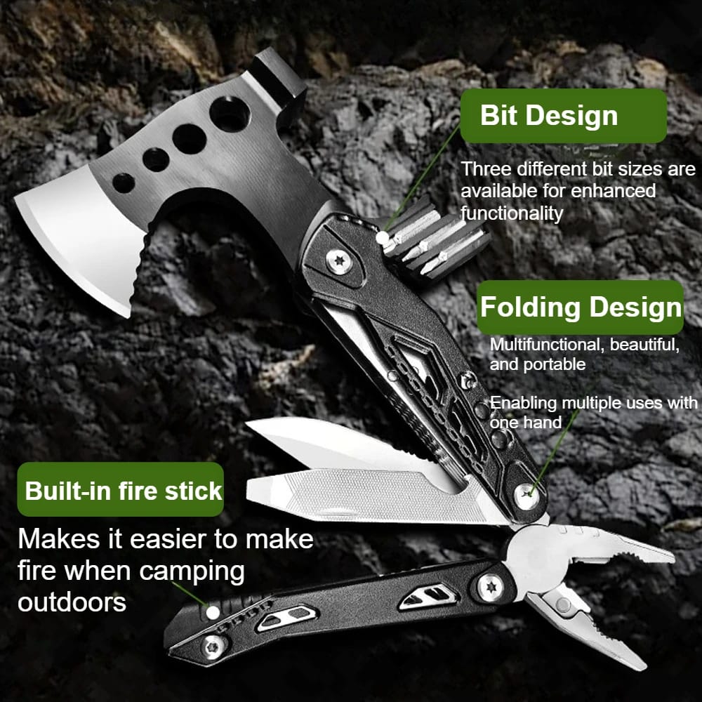 Pinza Multifuncional para Camping y Supervivencia, Herramienta de Mano Plegable con Hacha, Martillo, Cuchillo de Acero Inoxidable. Ideal para Actividades al Aire Libre y Caza. Regalo para Hombre.