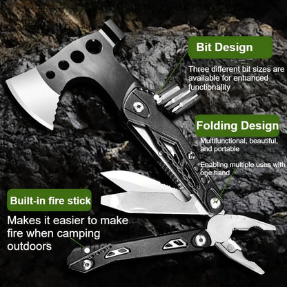 Pinza Multifuncional para Camping y Supervivencia, Herramienta de Mano Plegable con Hacha, Martillo, Cuchillo de Acero Inoxidable. Ideal para Actividades al Aire Libre y Caza. Regalo para Hombre.