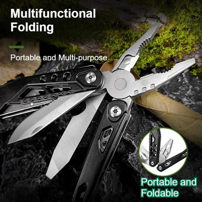 Pinza Multifuncional para Camping y Supervivencia, Herramienta de Mano Plegable con Hacha, Martillo, Cuchillo de Acero Inoxidable. Ideal para Actividades al Aire Libre y Caza. Regalo para Hombre.