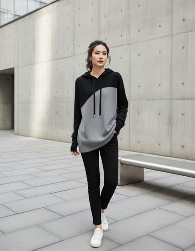 Buzo mujer con capucha  hilo bicolor Negro