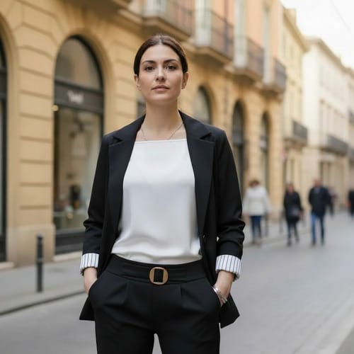 Conjunto dama chaqueta manga rayada + pantalon