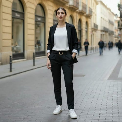 Conjunto dama chaqueta manga rayada + pantalon