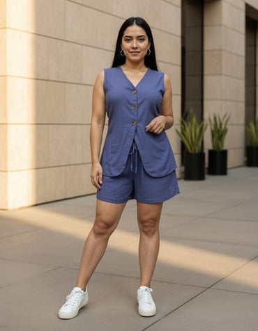 Conjunto dama short y chaleco con botones