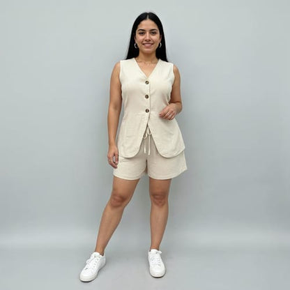 Conjunto dama short y chaleco con botones