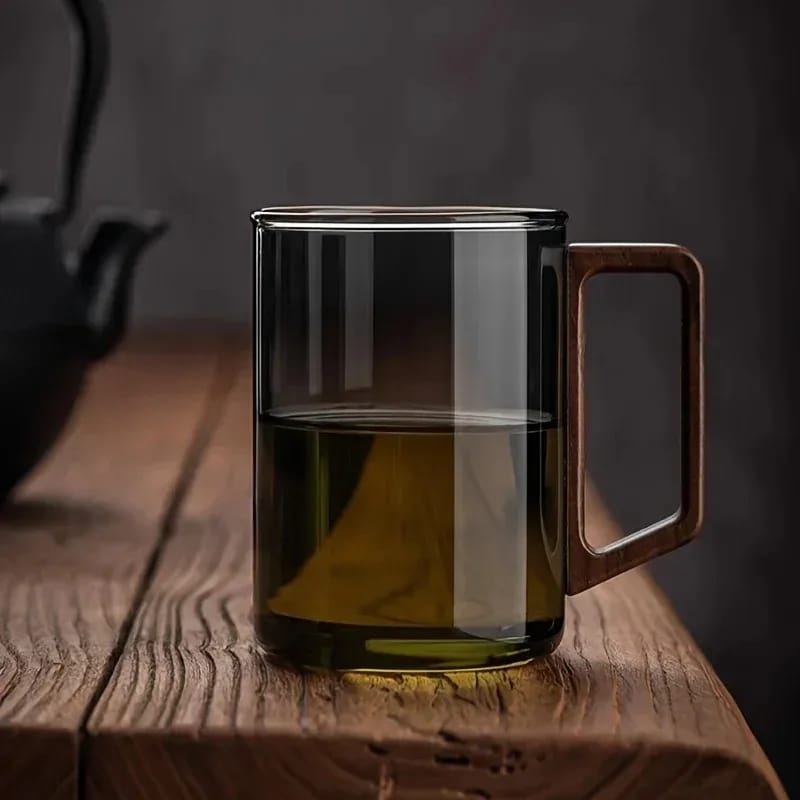 Taza de Vidrio 400ml con Asa de Madera de Nogal. Resistente al Calor, Gran Capacidad para Hogar y Oficina. Ideal para Té.