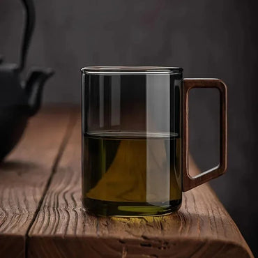 Taza de Vidrio 400ml con Asa de Madera de Nogal. Resistente al Calor, Gran Capacidad para Hogar y Oficina. Ideal para Té.