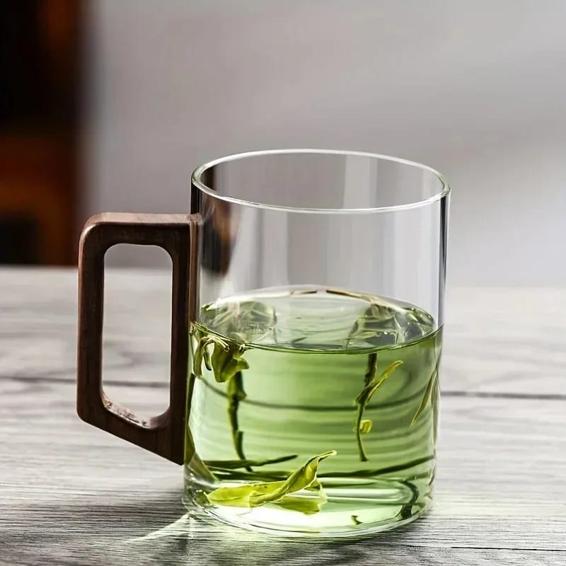 Taza de Vidrio 400ml con Asa de Madera de Nogal. Resistente al Calor, Gran Capacidad para Hogar y Oficina. Ideal para Té.