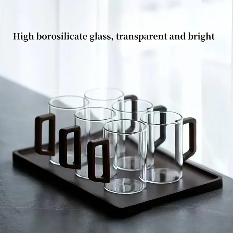 Taza de Vidrio 400ml con Asa de Madera de Nogal. Resistente al Calor, Gran Capacidad para Hogar y Oficina. Ideal para Té.