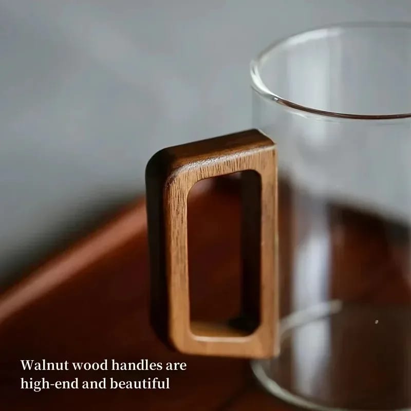 Taza de Vidrio 400ml con Asa de Madera de Nogal. Resistente al Calor, Gran Capacidad para Hogar y Oficina. Ideal para Té.