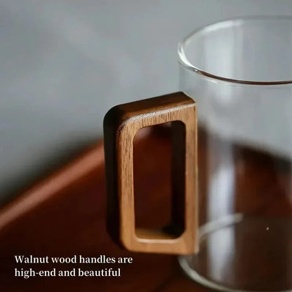 Taza de Vidrio 400ml con Asa de Madera de Nogal. Resistente al Calor, Gran Capacidad para Hogar y Oficina. Ideal para Té.