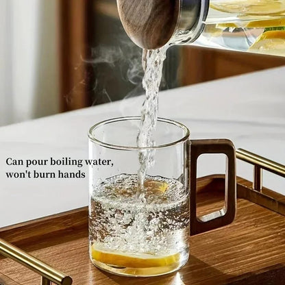 Taza de Vidrio 400ml con Asa de Madera de Nogal. Resistente al Calor, Gran Capacidad para Hogar y Oficina. Ideal para Té.