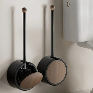 Cepillo de inodoro de pared sin perforar, desmontable, con mango largo y diseño de veta de madera